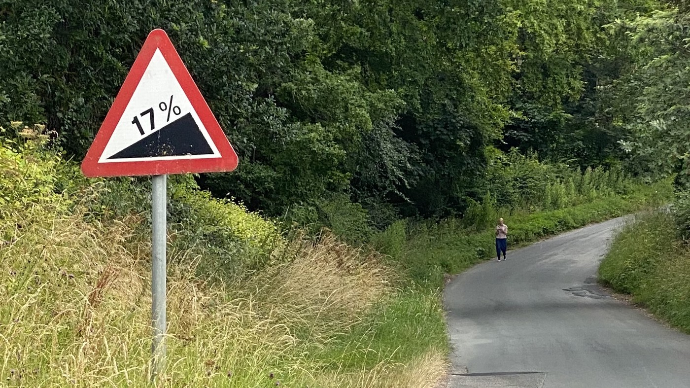A “17% incline” road sign, letting me know hard times are ahead