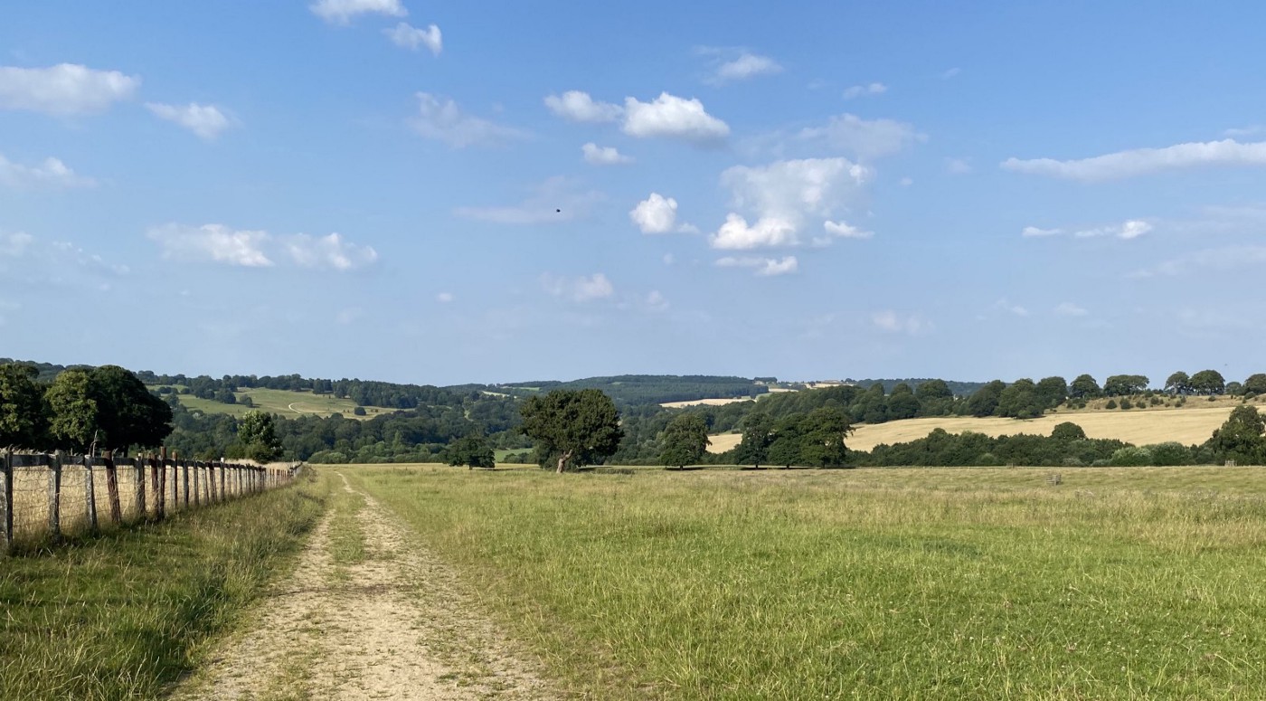 A gentle gravel trail beside a field of short grass, with rolling Yorkshire hills in background